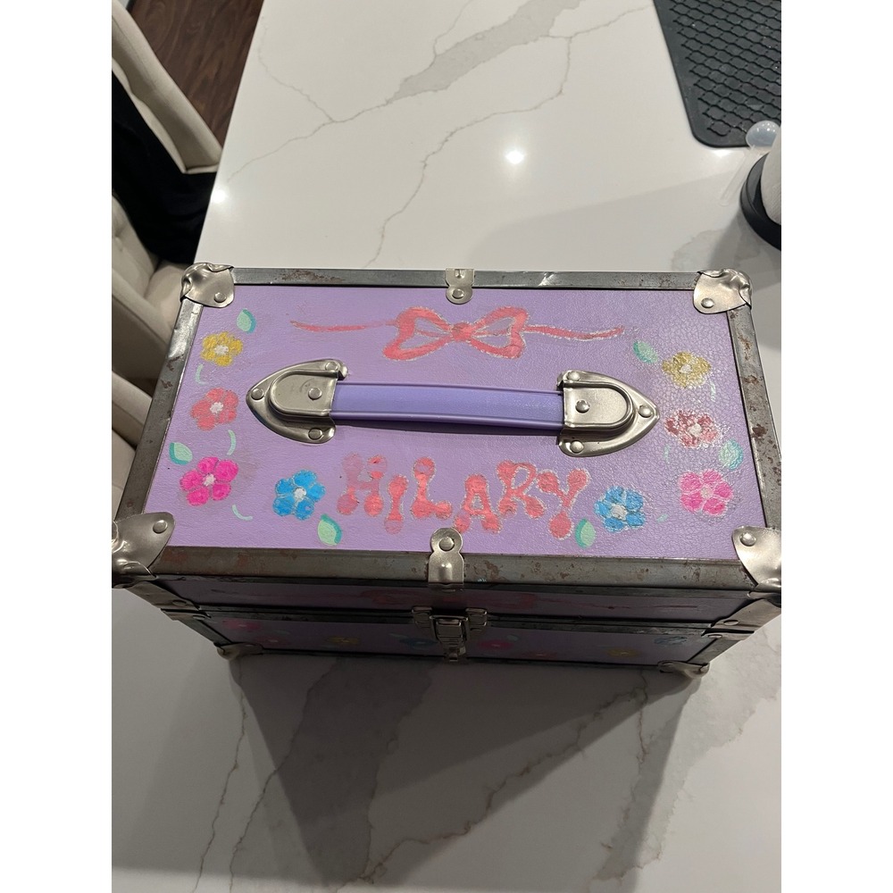 Vintage 90s purple Hand Painted Floral Storage Trunk Hilary Personalized Box